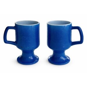 1960s/70's Vintage Pedestal Mug Set of 2 Textured Fired-on Blue over Milk Glass
